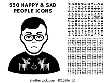 Unhappy Deers Pullover Downer pictograph with 550 bonus pity and happy jobs images. Vector illustration style is flat black iconic symbols.