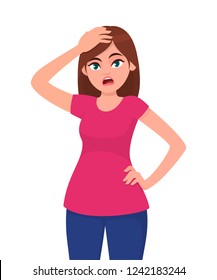 Unhappy, depressed or frustrated  young woman holding / squeezing  hand on her head. Human emotion and body language concept. Stress, tension and migraine concept illustration in vector cartoon style.