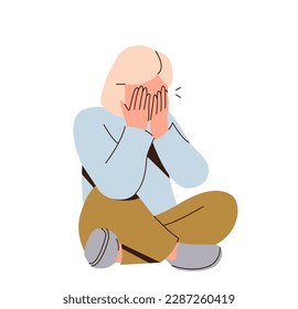 Unhappy depressed little girl crying covering eyes with palms sitting on floor vector illustration