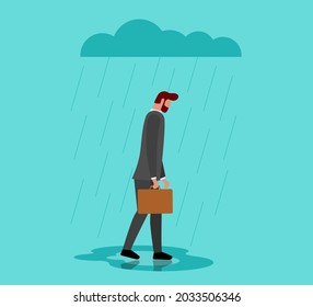 Unhappy depressed loneliness sad man in stress with negative emotion problem walking under rain cloud. Alone loser male person depression. Solitude and bad emotions in overcast weather concept. Vector