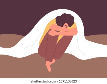 Unhappy depressed lonely woman sitting in despair under blanket. Sad female character in bad mood suffer from psychiatric problems. Loneliness or depression concept. Flat vector illustration