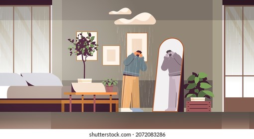 unhappy depressed man looking at mirror guy feeling desperate mental health diseases depression stress concept