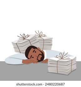 Unhappy depressed man office worker sitting with head on heap of documents and feeling stressed and tired in office. Flat vector illustration isolated on white background