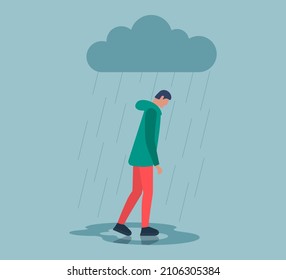 Triste triste hombre triste y triste que sufre estrés con un problema emocional negativo caminando bajo la nube. El tipo de soledad. Sólo la depresión masculina perdedora. La soledad y las malas emociones en el clima nublado. Vector