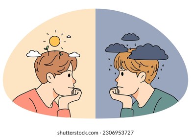 Unhappy depressed and smiling happy man. Concept of depression and mental problems versus optimism and positivity. Bad and good emotions. Flat vector illustration.