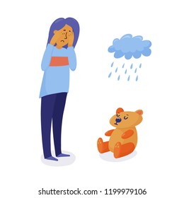 Unhappy, depressed woman, girl standing and crying, head in hands, flat vector illustration isolated on white background. Crying girl, woman, raining cloud and sad teddy bear as symbols of depression