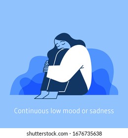 Unhappy depressed young woman sitting on floor with abstract background. Continuous low mood or sadness. Flat cartoon style vector illustration of the Symptoms of Depression.