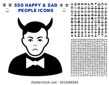 Unhappy Devil icon with 550 bonus pitiful and happy jobs design elements. Vector illustration style is flat black iconic symbols.