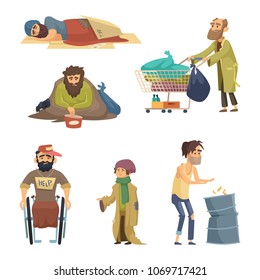 Unhappy dirty poor and desperate peoples. Vector characters set