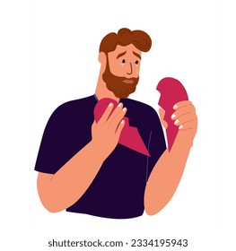 Unhappy disappointed person feeling overwhelmed,frustrated because of broken heart, unrequited love.Anguish desperate man with psychological trauma.Flat vector illustration isolated , white background