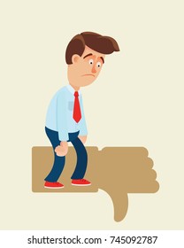 Unhappy, disappointed and unmotivated man. Thumb down. Vector illustration, concept, cartoon.