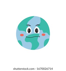 Unhappy dissatisfied emotion of Earth planet character vector flat style illustration isolated on white background. Safety environment and Earth day concept cartoon icon.