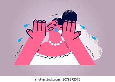 Unhappy distressed bride in wedding dress cry because of marriage dissolution. Upset depressed woman fiancee feel anxious stressed. Betrayal and cheating. Family end. Vector illustration. 