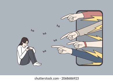 Unhappy distressed millennial girl feel depressed because of bad negative comments mocking online on smartphone chat. Depressed woman suffer from cyber bullying on social media. Vector illustration. 