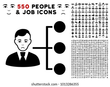 Unhappy Distribution Manager icon with 550 bonus pitiful and glad jobs pictographs. Vector illustration style is flat black iconic symbols.