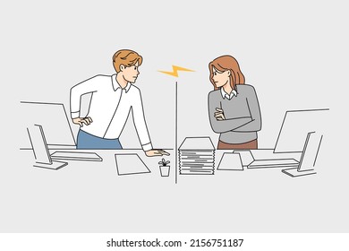 Unhappy Diverse Employees Have Misunderstanding Or Fight In Office. Toxic Difficult Job Situation Among Workers At Workplace. Conflict Negative Work Environment. Vector Illustration. 