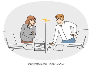 Unhappy diverse employees have misunderstanding or fight in office. Toxic difficult job situation among workers at workplace. Conflict negative work environment. Vector illustration.