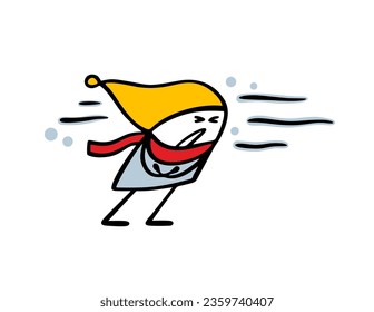 Unhappy doodle  boy in a warm jacket, scarf and coat walks through a blizzard and snowfall. Vector illustration of cold winter weather, wind and frost. Funny person isolated on white background.