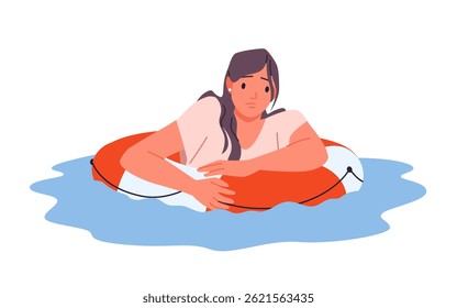 Unhappy drowning girl floating in lifebuoy. Sad young woman trying to save after water accident, female shipwreck victim in clothes waiting for help from rescue team cartoon vector illustration