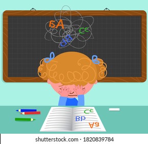 Unhappy dyslexic student in classroom, cartoon vector illustration