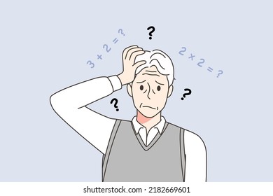 Unhappy elderly man lose memory suffer from dementia or Alzheimer disease. Concept of old people health problems. Healthcare and geriatrics. Vector illustration. 