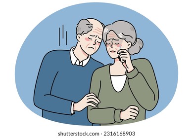 Unhappy elderly man and woman cuddle feel sad and lonely on maturity. Upset lonely mature couple crying mourning or grieving. Senior grandparents in despair. Vector illustration.