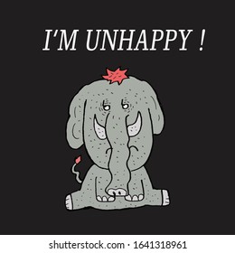 ı'm unhappy. unhappy elephant. sticker. black background. this is a vector.