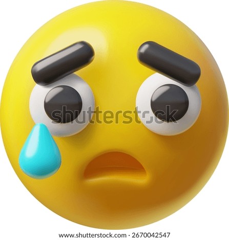 Unhappy emoji emoticon realistic vector 3D design. Cartoon yellow sad face with a tear. Cry face avatar afflicted expression. Render bad weep mood volume design for social media