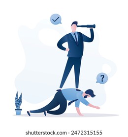 Unhappy employee crawls, boss stands on back of the employee and looks through telescope. Corporate slavery, male boss exploits manager. Business vision, project development, worker hard work. vector