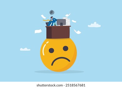 Unhappy employee, dissatisfied work, busy overworked or worried with anxiety depressed, miserable or disappointed career, anxious or burnout concept, unhappy office businessman working on upset face.