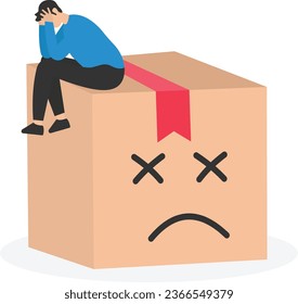 Unhappy employee or unsatisfied customer, Depressed from overworked or business failure, Anxiety or stress from work, Covered with cardboard box with unhappy sad face

