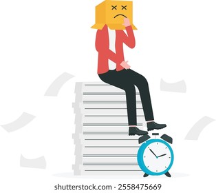 Unhappy employee or unsatisfied customer, depressed from overworked or business failure, anxiety or stress from work, frustrated businessman covered with cardboard box with unhappy sad face.
