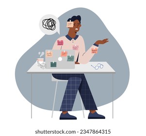 Unhappy employee at workplace concept. Overworked young guy in workplace. Mental burnout and stress at work. Fatigue, desperation and frustration. Cartoon flat vector illustration