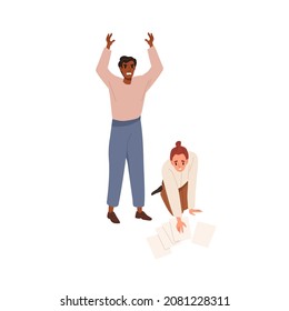 Unhappy employees with work problems and difficulties. Annoyed office worker screaming, upset stressed clumsy woman collecting fallen documents. Flat vector illustration isolated on white background