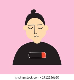 Unhappy exhausted woman. Burnout concept. Hand drawn vector illustration on pink background.