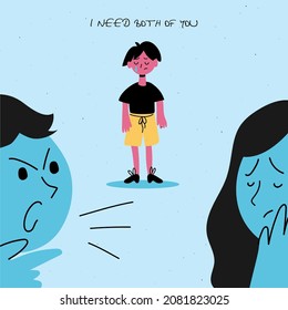 Unhappy family concept. Husband and wife scream, want a divorce. Sad kid crying. Flat vector illustration