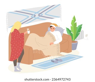 Unhappy family couple suffering from cold at home scene. Loving wife bringing hot tea or coffee for sick husband wrapped in blanket lying on sofa in living room vector illustration