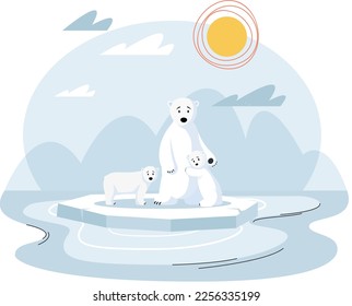 Unhappy family of polar bears stand on melting glacier suffering from climate change and increase of temperature. Wild animals during global warming. Environmental problems at north pole and planet