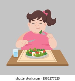 Unhappy Fat woman not want to eat salad, vegetable weight loss Healthcare concept cartoon.