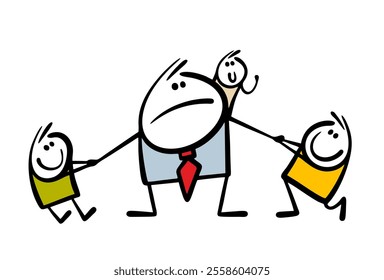 Unhappy father is suffering and asking for help. Vector illustration of a large family. Children bully, torment daddy, pull his hands and a little boy sits on his neck. Isolated characters on white.