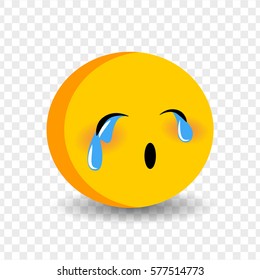 Unhappy feelings, expression for message, sms. Cute funny smile crying face. Vector illustration smile icon. Face emoji yellow icon. Smile cute funny emotion face on transparent background.