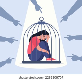 Unhappy female character locked in cage. Fingers pointing on sad girl. Concept of bullying and violence in society. Victim woman. Vector illustration