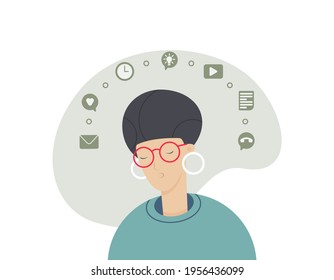 Unhappy female character overwhelmed and tired with work tasks. Woman experiencing stress at work or home tasks. Flat vector illustration