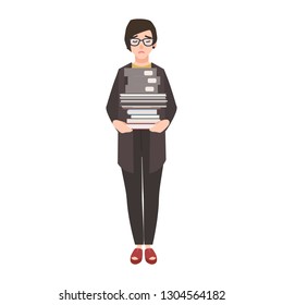 Unhappy female clerk, employee or businesswoman holding stack of folders and documents. Sad, tired or exhausted woman at office. Stressful job, stress at work. Flat cartoon vector illustration.