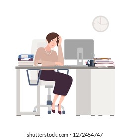 Unhappy female clerk sitting at desk. Sad, tired or exhausted woman at office. Stressful work, stress at workplace. Busy businesswoman, workaholic. Colorful vector illustration in flat cartoon style.