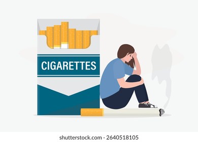 Unhappy female smoker sitting giant cigarette. Woman with full cigarette pack. Bad addiction, tobacco and nicotine product. Smoking kills, unhealthy lifestyle. Stop smoking. vector illustration