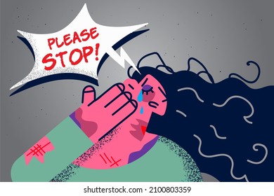 Unhappy female victim with bruises on face beg ask to stop violence and beating. Upset frustrated woman struggle from harassment or domestic abuse. Physical harm. Flat vector illustration. 