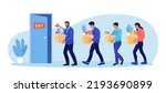 Unhappy Fired People Leaving Office with Stuff in Carton Boxes. Dismissal, Unemployment, Jobless and Employee Job Reduction. Businessman Bankrupt Dismiss Group of Employees. Layoff concept