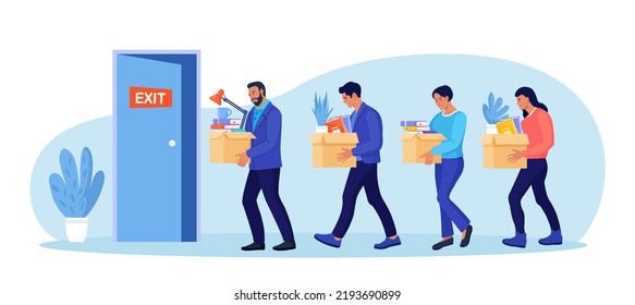 Unhappy Fired People Leaving Office with Stuff in Carton Boxes. Dismissal, Unemployment, Jobless and Employee Job Reduction. Businessman Bankrupt Dismiss Group of Employees. Layoff concept