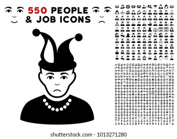 Unhappy Fool icon with 550 bonus pitiful and happy men pictographs. Vector illustration style is flat black iconic symbols.